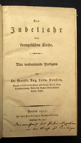 Hanstein Das Jubeljahr der evangelischen Kirche 2 Bde. in 1 Predigten 1817 js