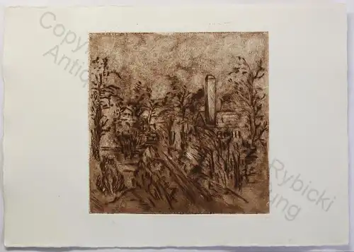 Orig Radierung Stadtansicht Straßenzug Landschaft um 1985 ca 14,5x14,5 cm Grafik