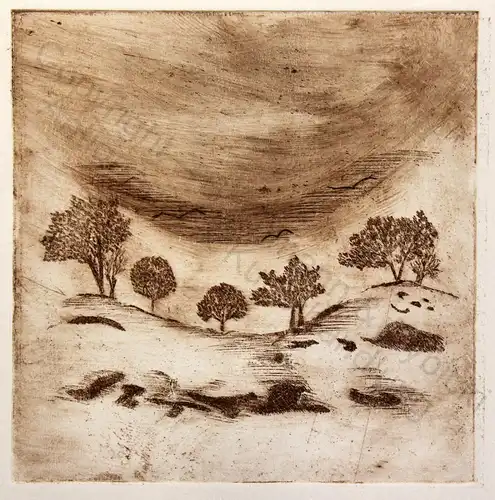 Original Radierung Landschaft Bäume Hügelland um 1985 ca 14,5x14,5 cm Grafik xz