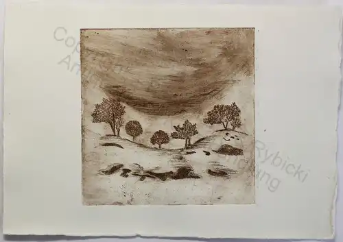 Original Radierung Landschaft Bäume Hügelland um 1985 ca 14,5x14,5 cm Grafik xz