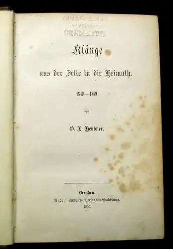 Heubner Klänge aus der Zelle in die Heimat 1859 Belletristik Lyrik Literatur mb