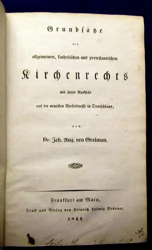 Grolman Grundsätze des allgem. kath. protesta. Kirchenrechtes 1832 Theologie mb