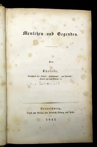 Therese von Bacheracht Menschen und Gegenden 1845 EA Belletristik mb