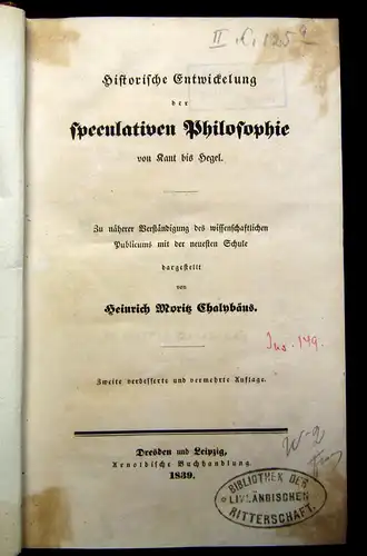 Chalybäus Historische Entwicklung der speculativen Philosophie 1839 Wissen mb