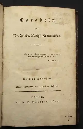 Krummacher Parabeln 3. Bändchen 1820 Belletristik Literatur Prosa js