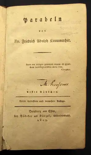 Krummacher Parabeln 1. Bändchen 1809 Belletristik Literatur Prosa js