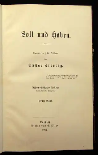 Freytag Gustav Soll und Haben 6 Bde. in 2 1902 Belletristik Literatur Lyrik js