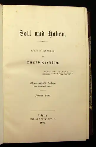 Freytag Gustav Soll und Haben 6 Bde. in 2 1902 Belletristik Literatur Lyrik js