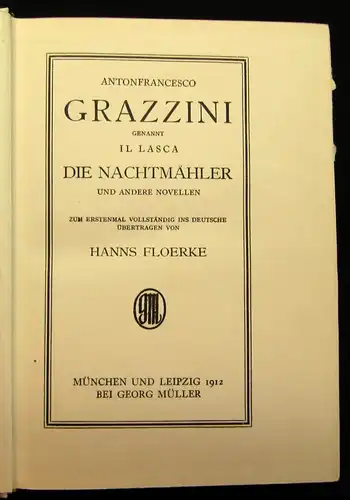 Floerke Antonfrancesco Grazzini Die Nachtmähler und andere Novellen 1912 js