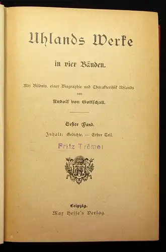 Gottschall Uhland`s ausgewählte Werke 4 Bde. in 1 Buch um 1895 Belletristik js