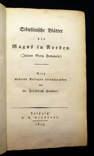 Hamann Sibyllinische Blätter des Magus in Norden 1819 Belletristik Literatur mb