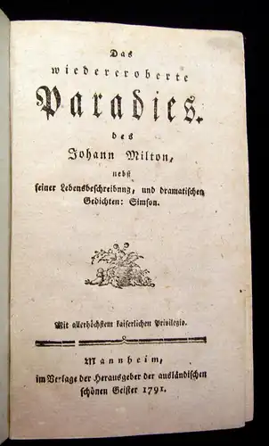 Milton Das wiedereroberte Paradies 1791 Belletristik Literatur Lyrik mb