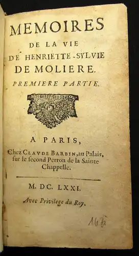 De Moliere Henriette Memoires de la vie de Henriette Sylvie 1671 js