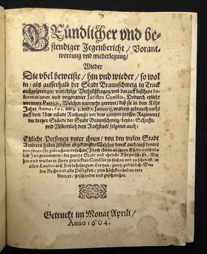 Heinrich Gründlicher und bestendiger Gegenbericht / Verantwortung 1604 js
