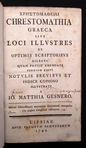 Gesner Chrestomatheiai. Chrestomathia Graeca Sive Loci Illustres 1742 js