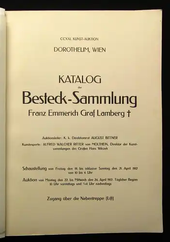 Lamberg Katalog der Besteck-Sammlung Franz Emmerich Graf Lamberg 1912 js