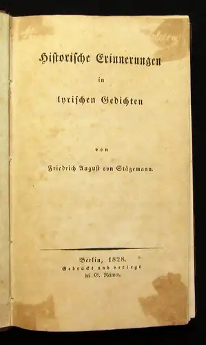 Stägemann Historische Erinnerungen in lyrischen Gedichten 1828 Belletristik js