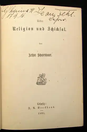 Schopenhauer Arthur Ueber Religion und Schicksal 1891 Lyrik Literatur js
