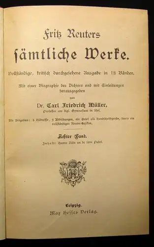 Müller Fritz Reuters sämtliche Werke 18 Bde. in 4 um 1895 5 Bildnisse Lexikon js