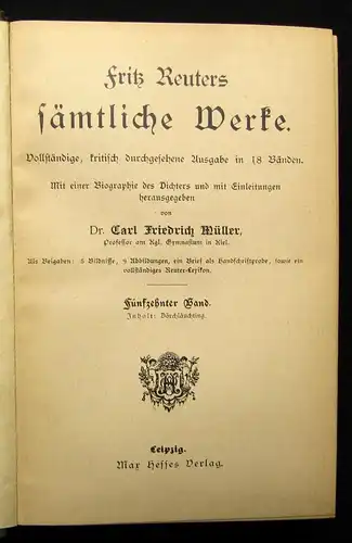 Müller Fritz Reuters sämtliche Werke 18 Bde. in 4 um 1895 5 Bildnisse Lexikon js