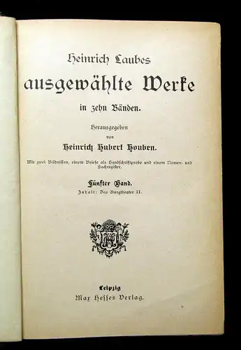 Houben Heinrich Laubes ausgewählte Werke 10 Bde. in 5 um 1895 Lyrik js