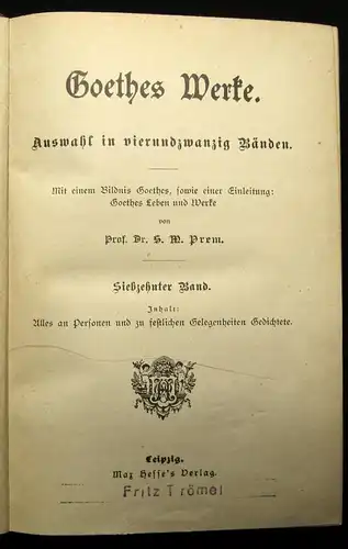 Prem Goethes Werke Auswahl in vierundzwanzig Bänden 24 Bde. in 6  um 1895 js