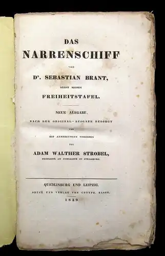 Brant Das Narrenschiff nebst dessen Freiheitstafel 1829 Neue Ausgabe Lyrik js