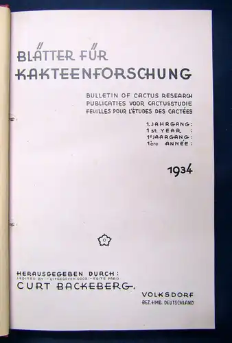 Backeberg Blätter für Kakteenforschung 1-4 Jhg 1934-37 Natur Botanik Pflanzen sf