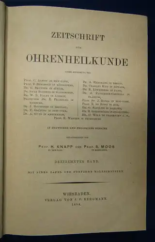 Knapp/ Moos Zeitschrift für Ohrenheilkunde 13.& 14. Band 1884 Medizin Wissen sf