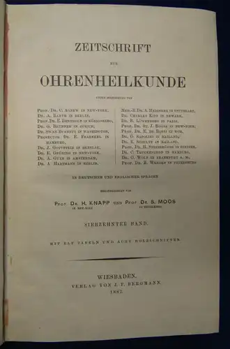 Knapp/ Moos Zeitschrift für Ohrenheilkunde 17.& 18. Band 1887 Medizin Wissen sf