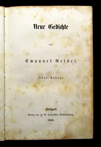 Geibel Gedichte-Neue Gedichte 1868 10.Auflage Belletristik Literatur Lyrik mb