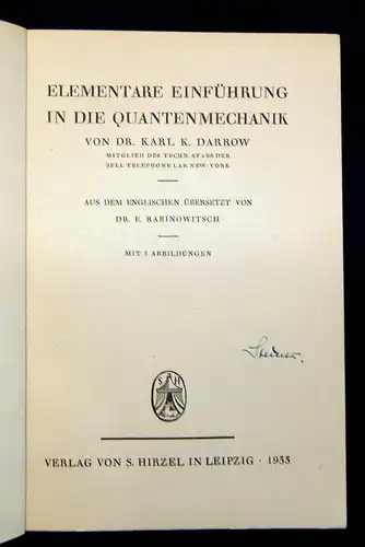 Darrow Elementare Einführung in die Quantenmechanik 1933 Mechanik Physik mb
