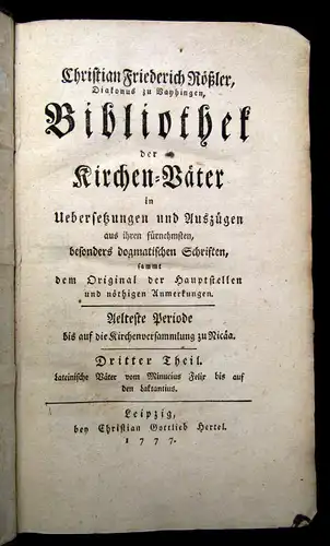 Roeßler Bibliothek der Kirchen-Väter 1777 3. Theil apart Theologie Religion mb