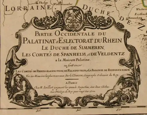 Orig. grenzkol. Kupferstichkarte "Partie Occidentale du Palatinat" 1700 sf