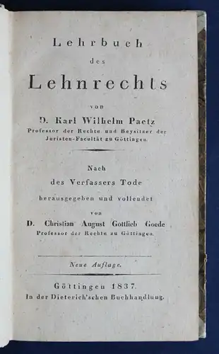 Paetz Lehrbuch des Lehnrechts 1837 Rechtswissenschaften Juristen Jura sf