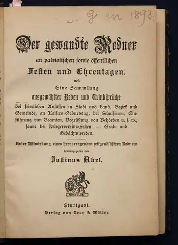 Abel Sammelband mit 4 Titeln  Der gewandte Redner 1871 Festreden Redekunst sf