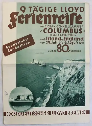 Original Werbeprospekt Ferienreise Ocean-Schnelldamper Norddeutscher Lloyd 1933