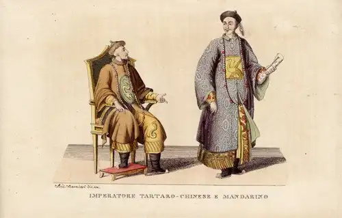 Alter Kupferstich Tartar Chinesischer Kaiser & Mandarin China um 1825 Bernieri