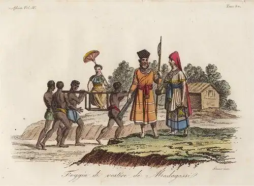 Kupferstich Afrika Madagaskar Ostafrika Kostüm 1825 Sasso handkoloriert Grafik