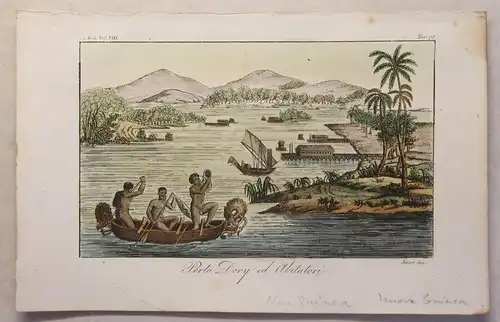 Asien Neuguinea Porto Dory Ansicht Kupferstich um 1825 Sasso handkoloriert xyz
