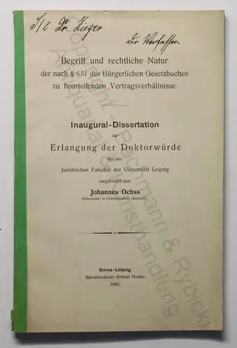 Ochss Inaugural-Dissertation §651 BGB Begriff & Natur Vetragsverhältnisse 1903