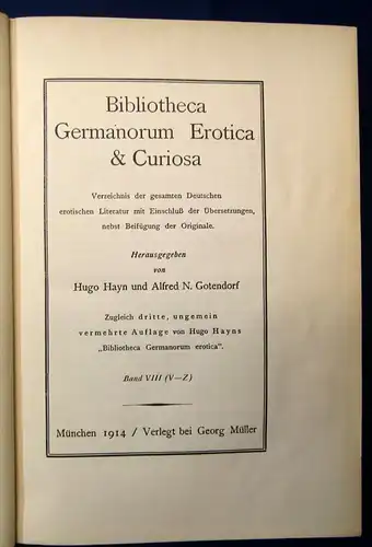 Hayn Bibliotheca Germanorum Erotica & Curiosa 1912 8 Bde.+ Register 1990 js