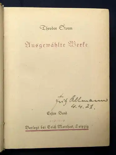 Thedor Storm Ausgewählte Werke 1-3 komplett 1919 Klassiker Literatur js