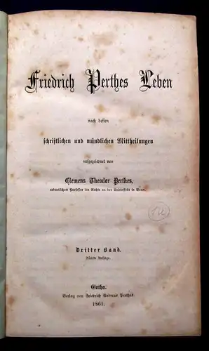 Perthes, Friedrich Perthes Leben 1861 in 3 Bänden 1 gest. Porträt von Perthes js