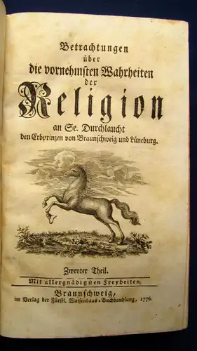 Jerusalem, Johann Friedrich Wilhelm Betrachtungen der Religion 2 Bde. 1776 js