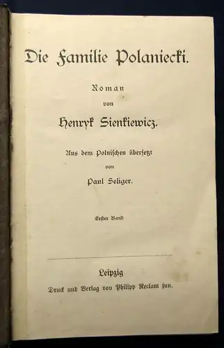 Sienkiwicz, Die Familie Polanieckie Roman in 2 Bänden um 1900 Literatur js