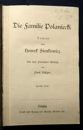 Sienkiwicz, Die Familie Polanieckie Roman in 2 Bänden um 1900 Literatur js