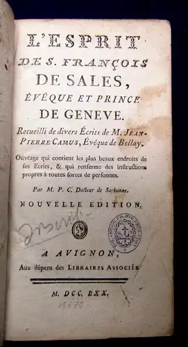 Camus L'Esprit de S. Francois de Sales, eveque et prince de Geneve 1770 mb