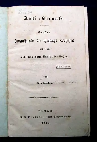 Kratander Mann Anti-Strauss 1841 Geschichte Gesellschaft Theologie