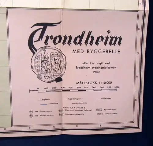 Bruns Karte von Trondheim ( Norwegen) 1943 1:10000 48x61 cm js